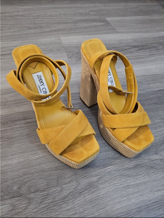 Jimmy Choo Shoes - Jimmy Choo Mustard Suede Platform Block Heel Sandals